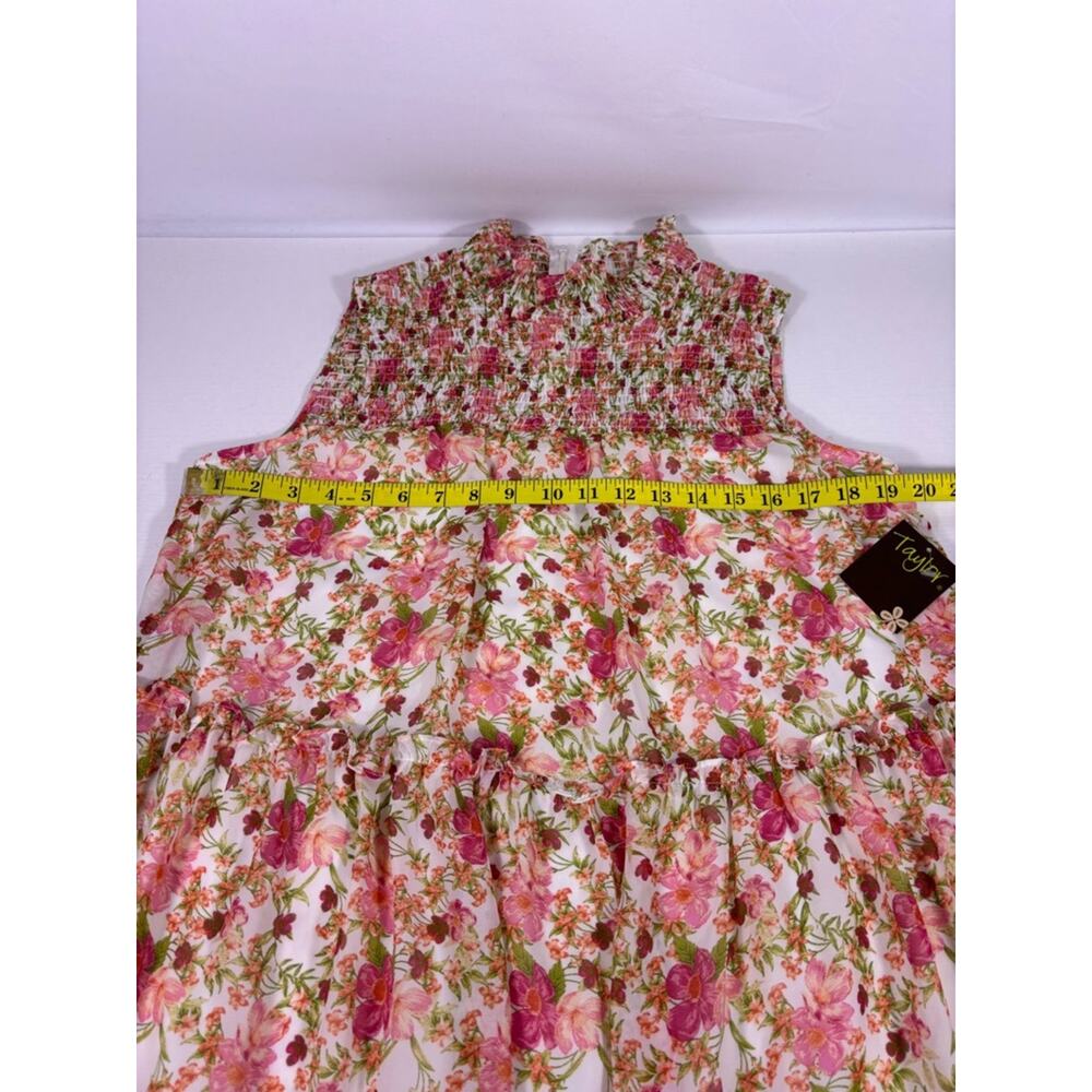 NWT Taylor Smocked Tiered White Dress with Pink & Green Floral Print Large 1161 - Picture 4 of 8